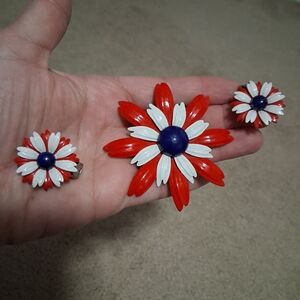 Vintage Metal Floral Brooch And Matching Clip On Earrings